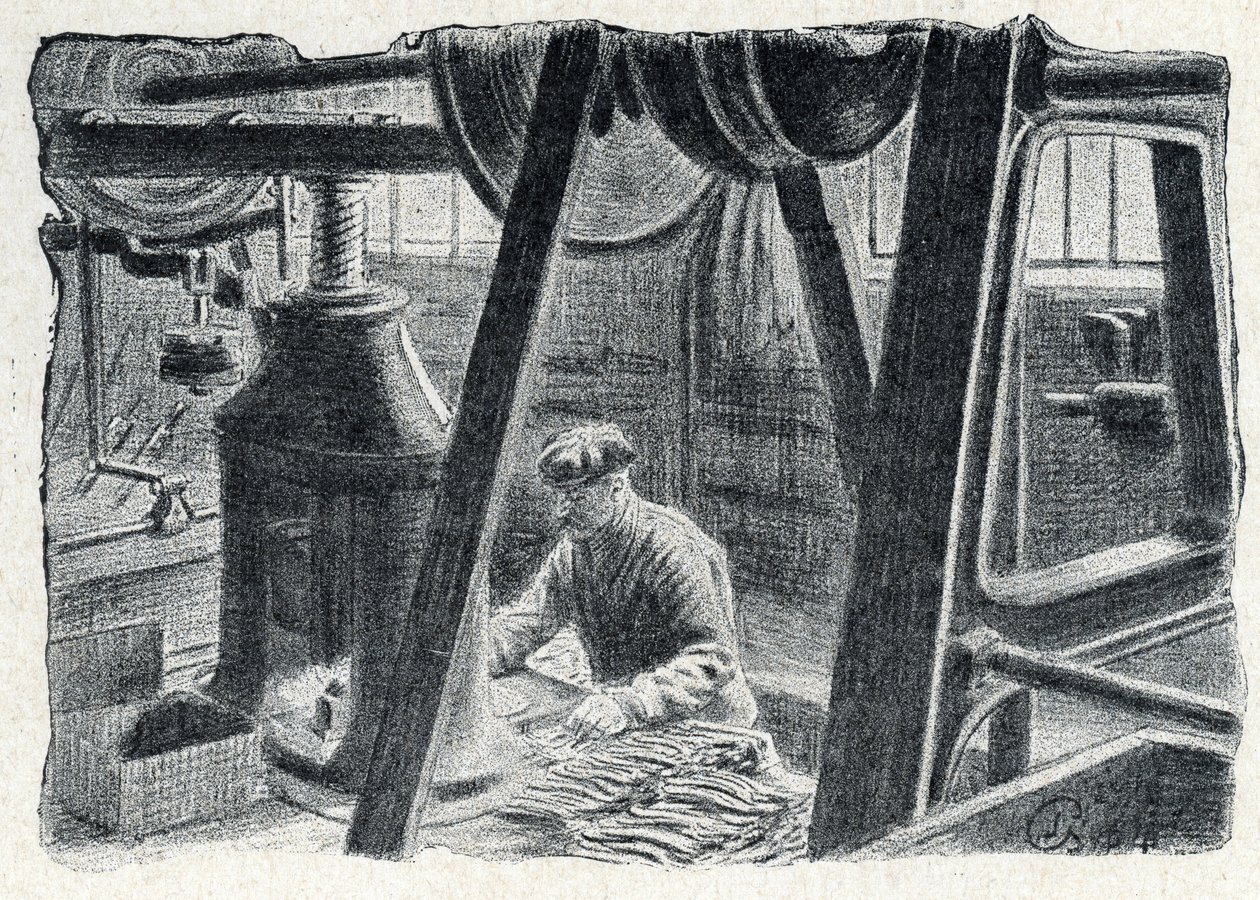 Ruokailuvälineiden leimaus myllyllä Kaiverrus Pierre Calmetten yksityiskokoelmasta "Excursion a travers les metiers" tekijältä Pierre Calmettes