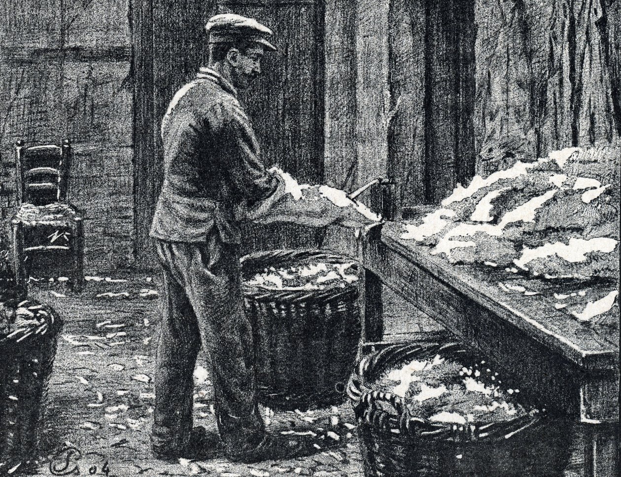 Couro: divisão de peles de coelho para fazer couro Gravura de “Excursion a travers les metiers” de Pierre Calmette Private Collectionfinlandês tekijältä Pierre Calmettes