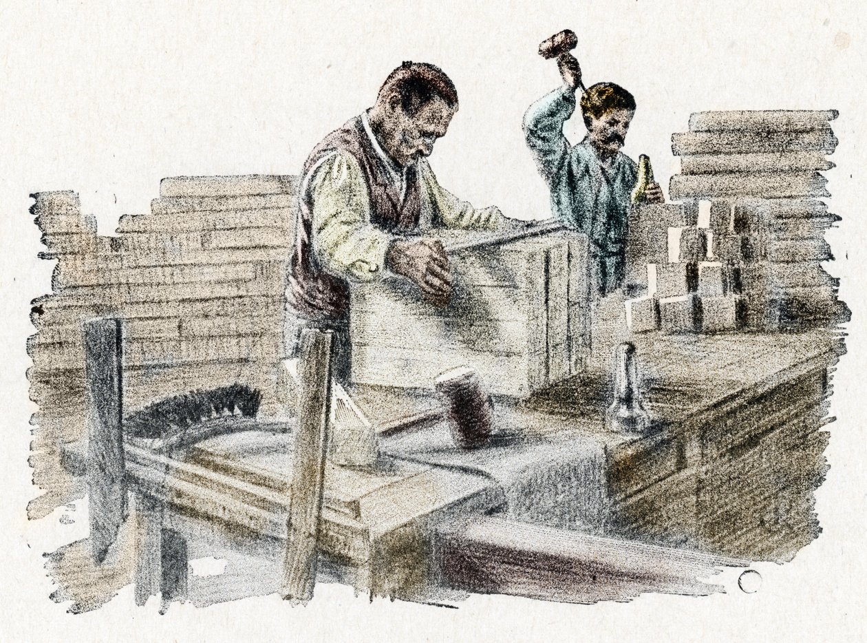 Savonnerie: le découpage des breads de soap (saippuapatukoiden valmistus) Kaiverrus Pierre Calmetten teoksesta "Excursion through the trades" Yksityinen kokoelma tekijältä Pierre Calmettes