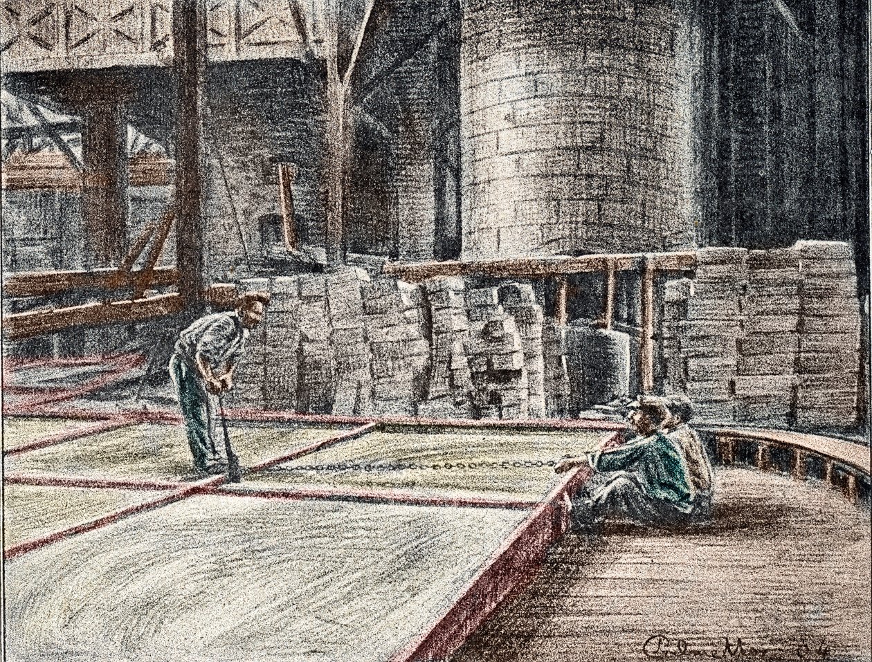 Savonnerie: saippuan leikkaaminen vedoissa (saippuoiden valmistus) Kaiverrus Pierre Calmetten yksityiskokoelmasta "Excursion through the trades" tekijältä Pierre Calmettes