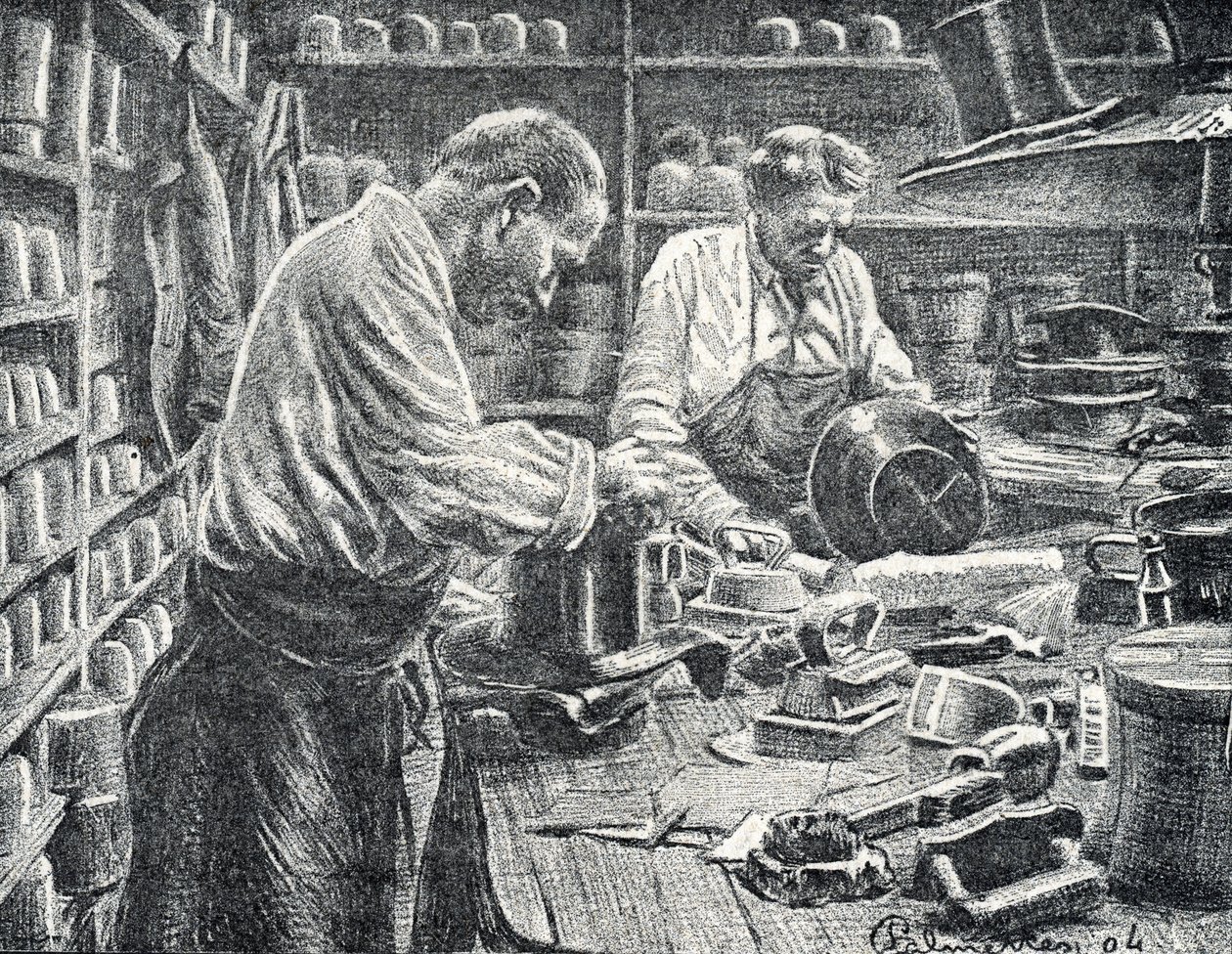 Fabricação de Cartolas de Seda Gravura da Coleção Particular Pierre Calmette finlandesa tekijältä Pierre Calmettes