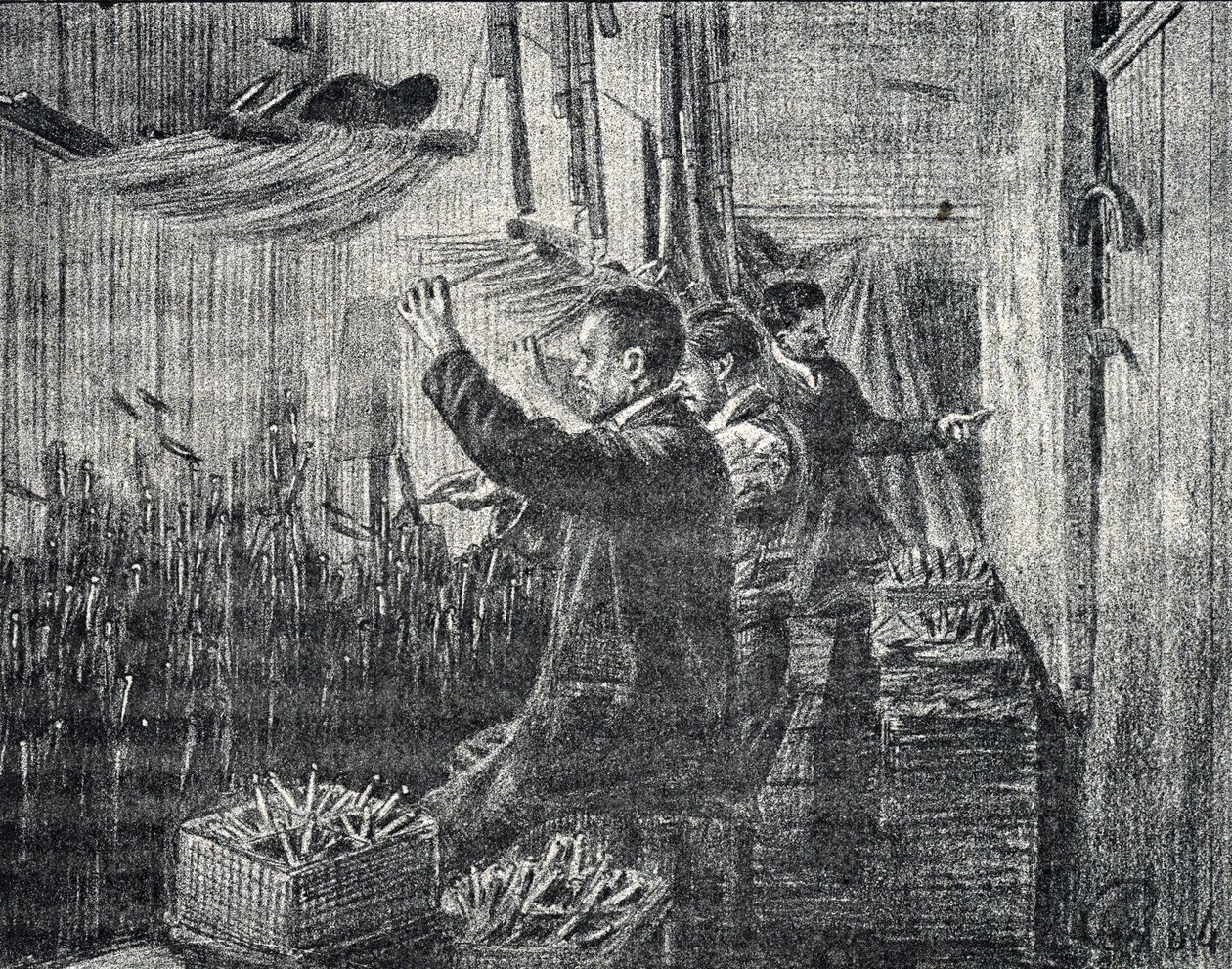 Aubussonin kuvakudos: verhoilijat työskentelevät ylösalaisin. Kaiverrus Pierre Calmette Collection privee:stä "Excursion a travers les metiers" tekijältä Pierre Calmettes