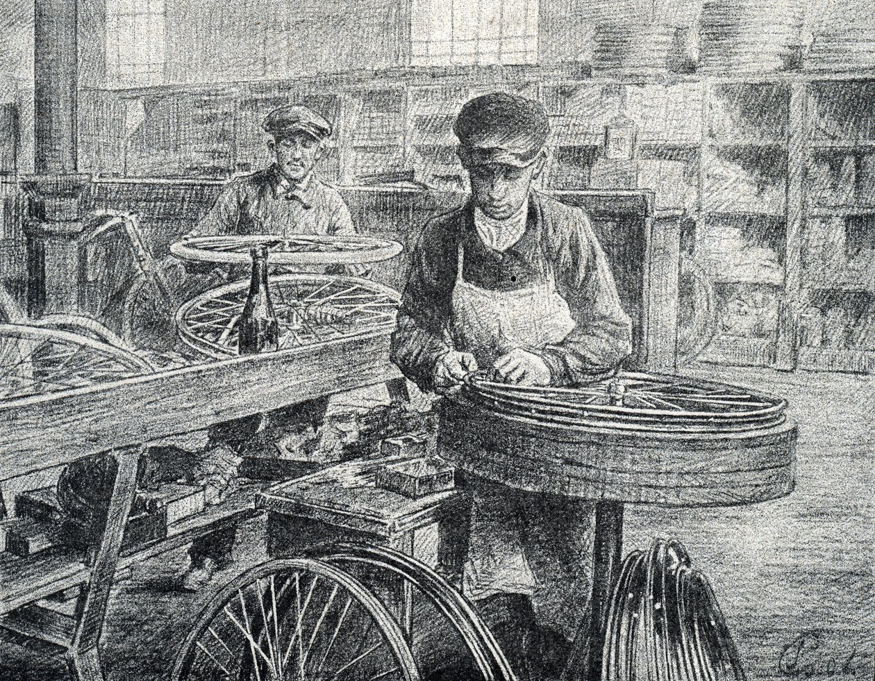 Trabalhadores fixando os raios nos aros de uma bicicleta durante sua fabricação (fabricação de bicicletas) Gravura de Pierre Calmette Coleção particularfinlandês tekijältä Pierre Calmettes
