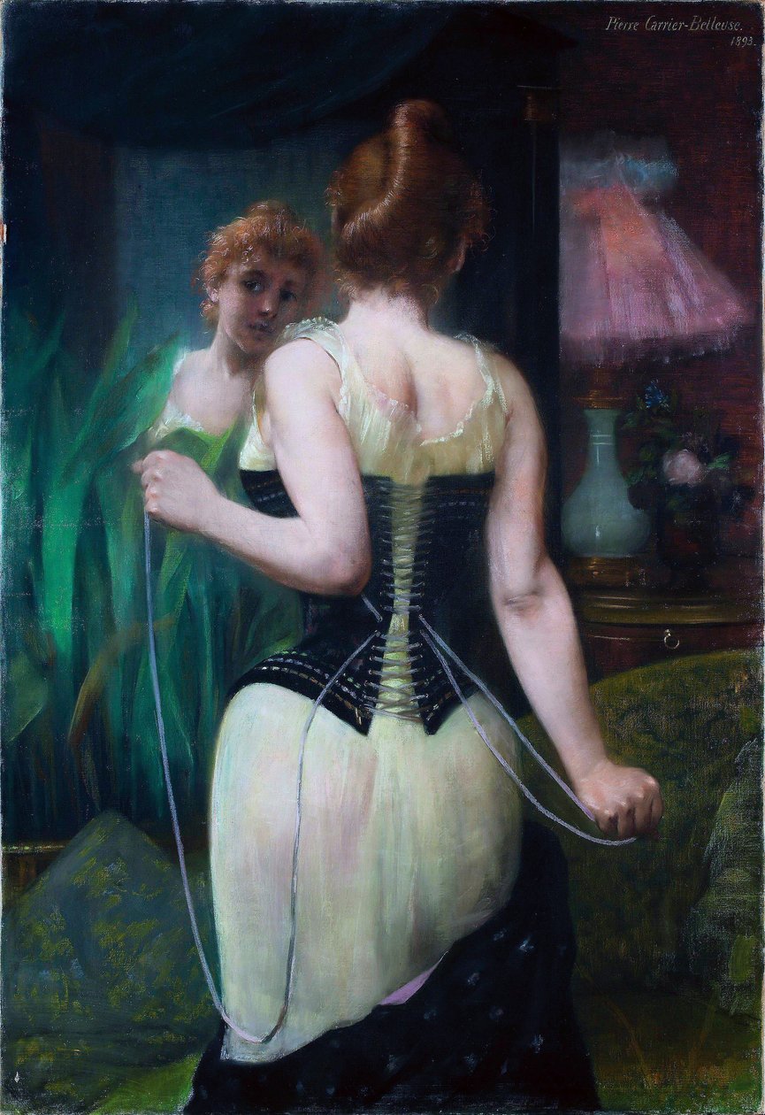 Nuori nainen säätelemässä korsettiaan - Nuori nainen säätelemässä korsettiaan - Pierre Carrier Belleusen maalaus (Carrier-Belleuse) (1851-1933) tekijältä Pierre Carrier Belleuse