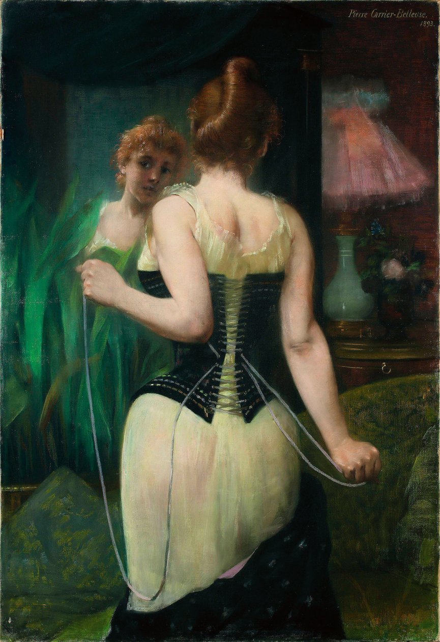 Nuori nainen säätelemässä korsettiaan, 1893 tekijältä Pierre Carriere Belleuse