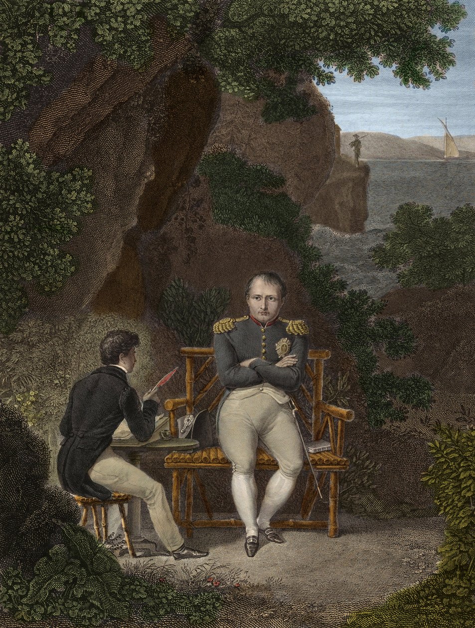 NAPOLEON I (1769-1821) Pakossa Saint Helenassa - Napoleon sanelee muistelmansa Emmanuel Pons de Las Casesille (1800-1854) Emmanuel de Las Casesin pojalle - Napoleon Saint Helenalle (St. Helena): Hän sanelee nuorille Las koteloi muistiinpanot kirjoittamisee tekijältä Pierre Charles Bacquoy