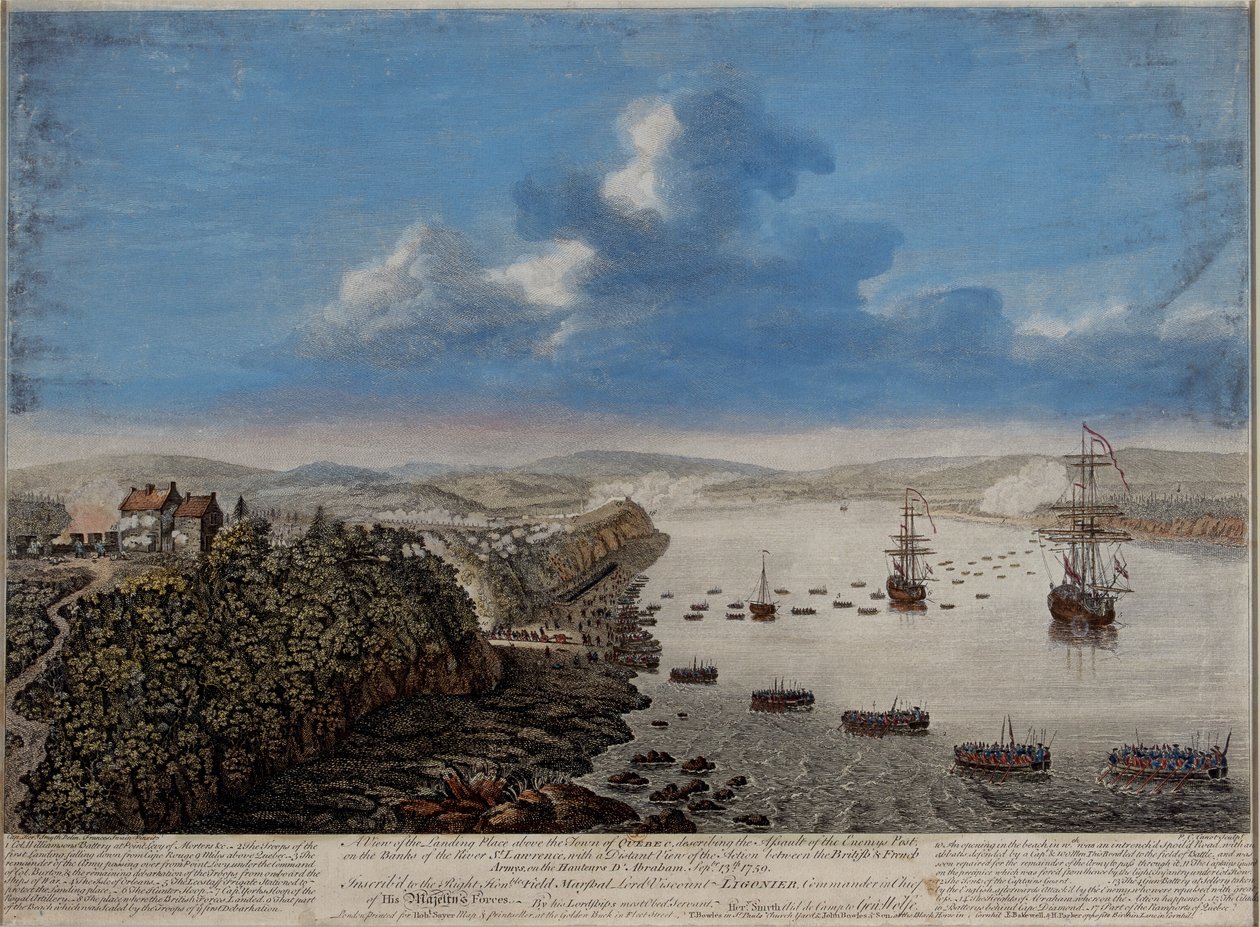 Näkymä Quebecin kaupungin yläpuolella sijaitsevasta laskeutumispaikasta, jossa kuvataan hyökkäystä...Hauteurs DAbraham Septr. 13. joulukuuta 1759, noin 1760 tekijältä Pierre Charles Canot