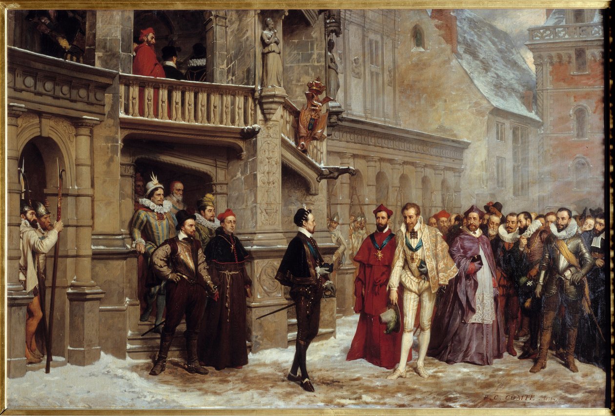 Ranskan kuninkaan Henrik III:n (1551 - 1589) ja Lorrainelaisen Henrik I:n, Guisen herttua, Balafret, tapaaminen tekijältä Pierre Charles Comte