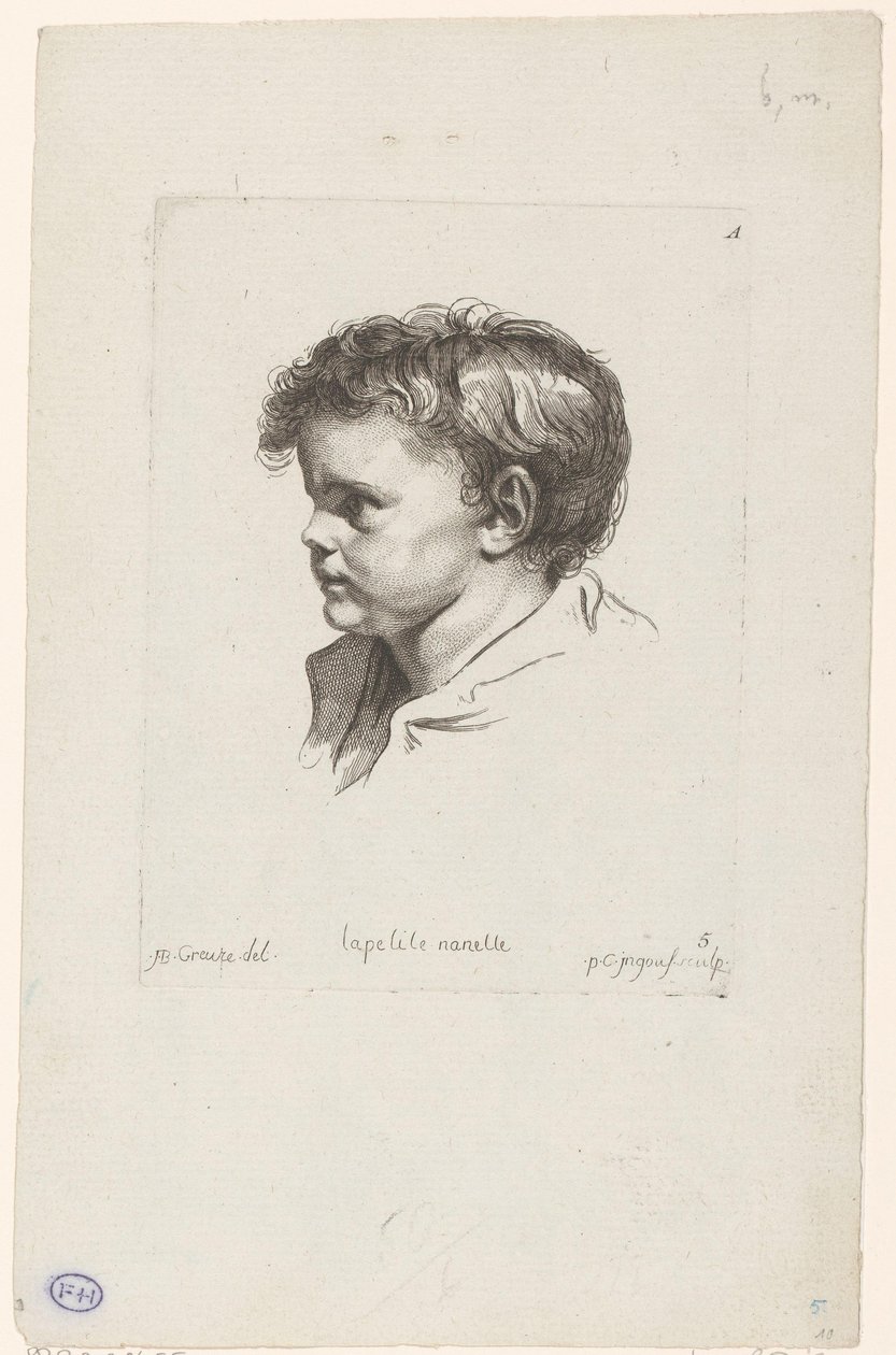 Pienen lapsen pää, käännetty vasemmalle La petite Nanette (otsikko esineessä) Eri figuurien päät (sarjan nimi) ir. Cahier de Têtes de différens Caracteres (sarjan nimi) tekijältä Pierre Charles Ingouf