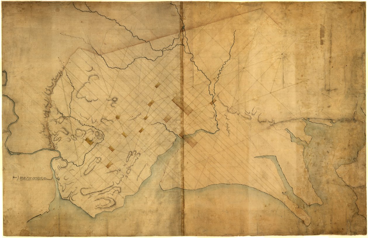 Washingtonin katkoviivakartta, D.C., 1791, ennen 19. elokuuta. LOC 88694203 tekijältä Pierre Charles L