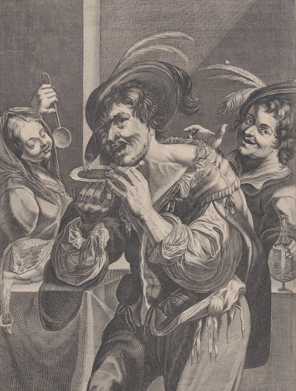 Mies juo keittoa kahden ihmisen katsellessa häntä, 1624-75. tekijältä Pierre Daret