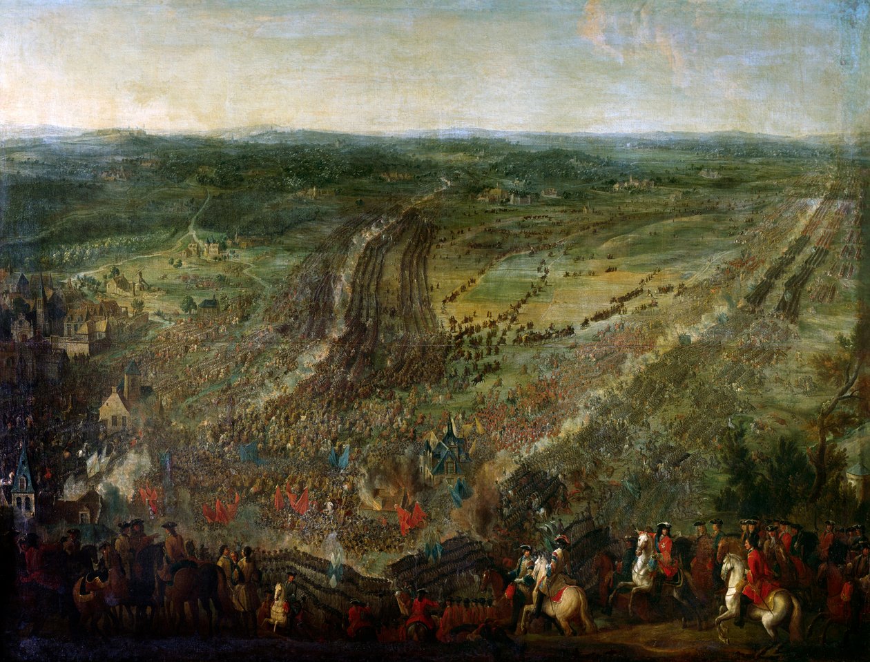 Augsburgin liigan sota: "" Luxemburgin marechal voitti Fleuruksen taistelun Yhdistyneiden provinssien (United Provinces), keisarillisten, Espanjan ja Ison-Britannian liittoutuman aseita vastaan 1.7.1690"" Painting johtuu Pierre Denisistä tekijältä Pierre Denis (attr.to) Martin