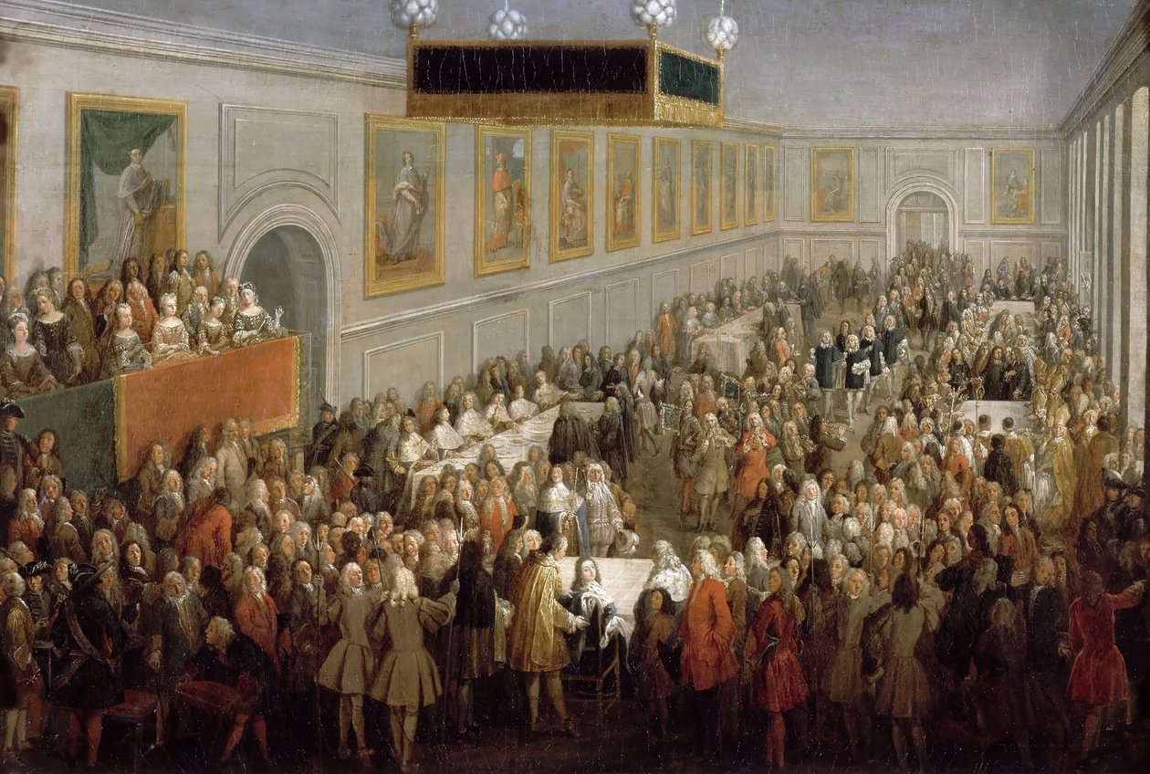Juhla Ludvig XV:n kruunaamisen jälkeen Palais Archiepiscopalissa Rheimsissa, 25. lokakuuta 17. tekijältä Pierre Denis II Martin