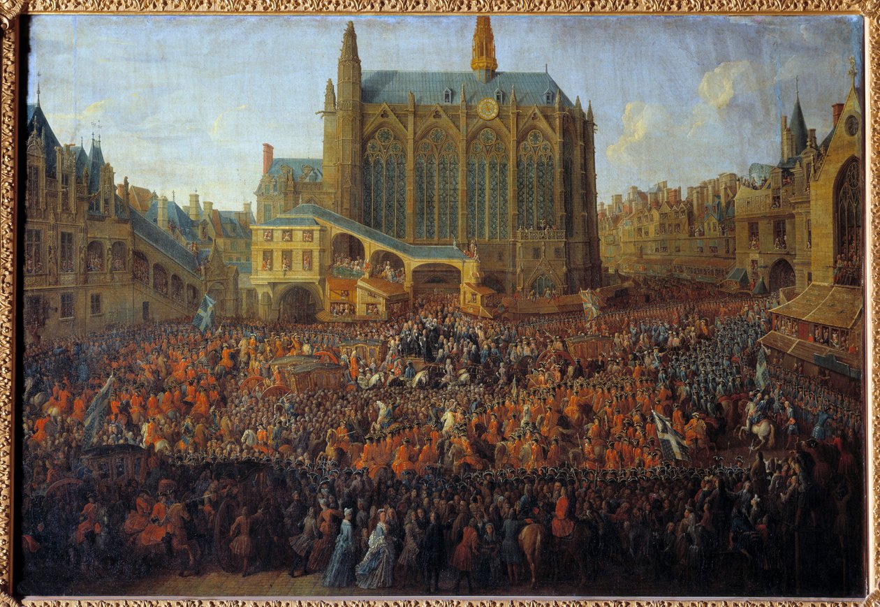 Ludvig XV:n lähtö oikeudenistunnon jälkeen, rikkoen Louis XIV:n testamentin, pidettiin Pariisin parlamentin suuressa salissa tekijältä Pierre Denis Martin