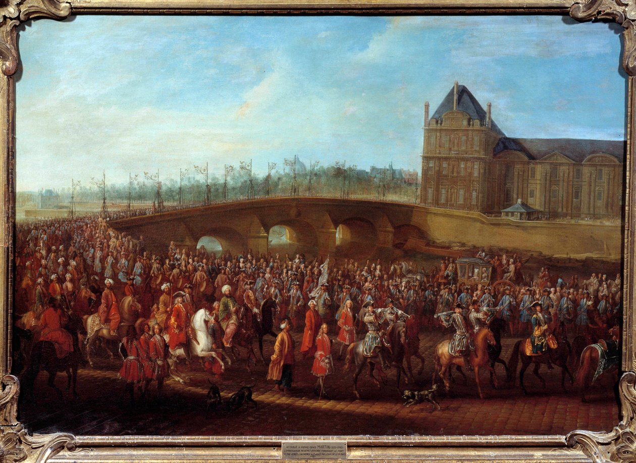 Turkin suurlähettiläs Mehmet Effendi poistui ylellisestä portista kuningas Ludvig XV:n 21.3.1721 antaman yleisön jälkeen Pierre Denis Martinin (1663-1742) maalaus tekijältä Pierre Denis Martin