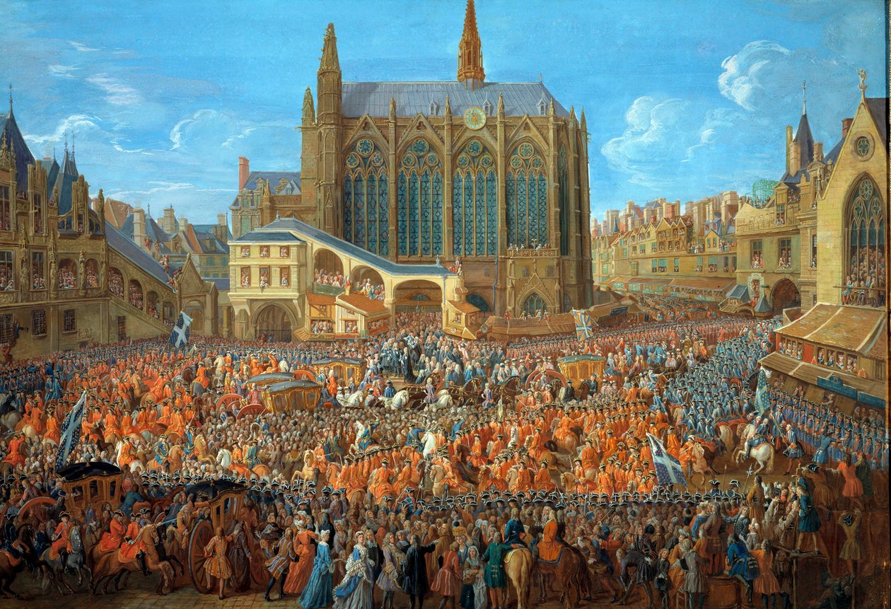 Kuningas Ludvig XV (1710-1774) poistui oikeuden sängystä Pariisin Palais de Justicessa 12.9.1715 La Sainte Chapelle on näkyvissä - Pierre Denis Martinin (1663-1742) guassimaalaus 1715 - Pariisi, musee Carnavalet - Ludvig XV:n lähtö ( tekijältä Pierre Denis Martin