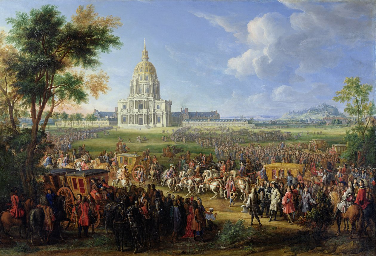 Ludvig XIV (1638-1715) ja hänen seurueensa vierailemassa Les Invalidesissa, 26. elokuuta 1706 tekijältä Pierre Denis Martin