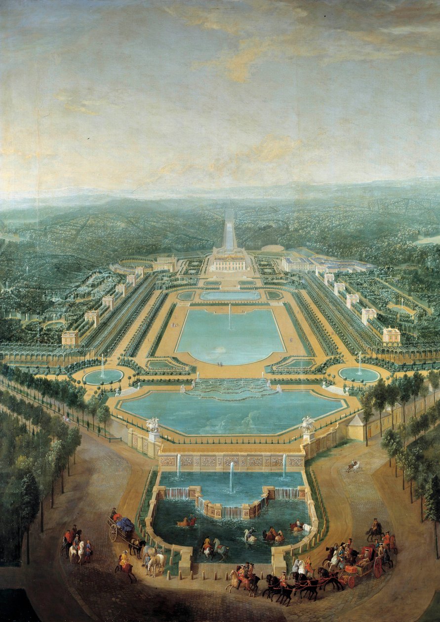 Perspektiivikuva Marlyn linnasta, kuningas Ludvig XV (1710-1774) lapsi vaunuissa kulkee kastelukaukalon edessä Pierre Denis Martinin (1663-1742) maalaus 1724 Su. 2,96 x 2,24 m tekijältä Pierre Denis Martin