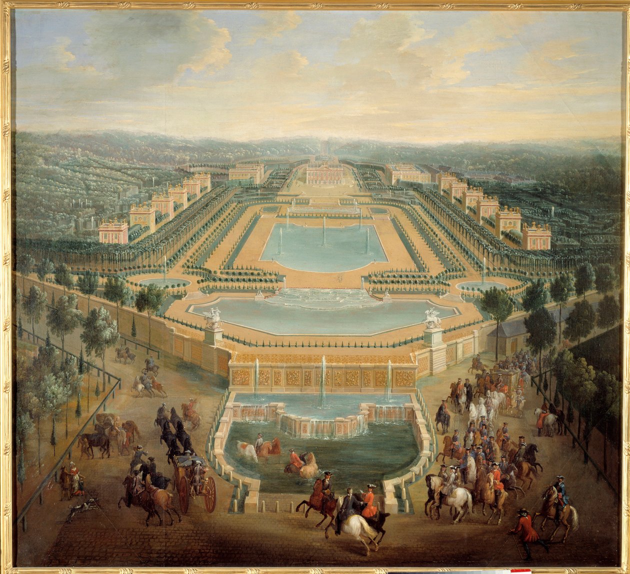 Perspektiivikuva Marlyn linnasta, kuningas Ludvig XV (1710-1774) vaunuissa lähtee linnasta Pierre Denis Martinin (1663-1742) maalaus 1700-luvun su. 1,37 x 1,55 m - Perspektiivinäkymä Marlyn linnasta, kuningas Ludvig XV (1710-1774) lähtee Casista tekijältä Pierre Denis Martin