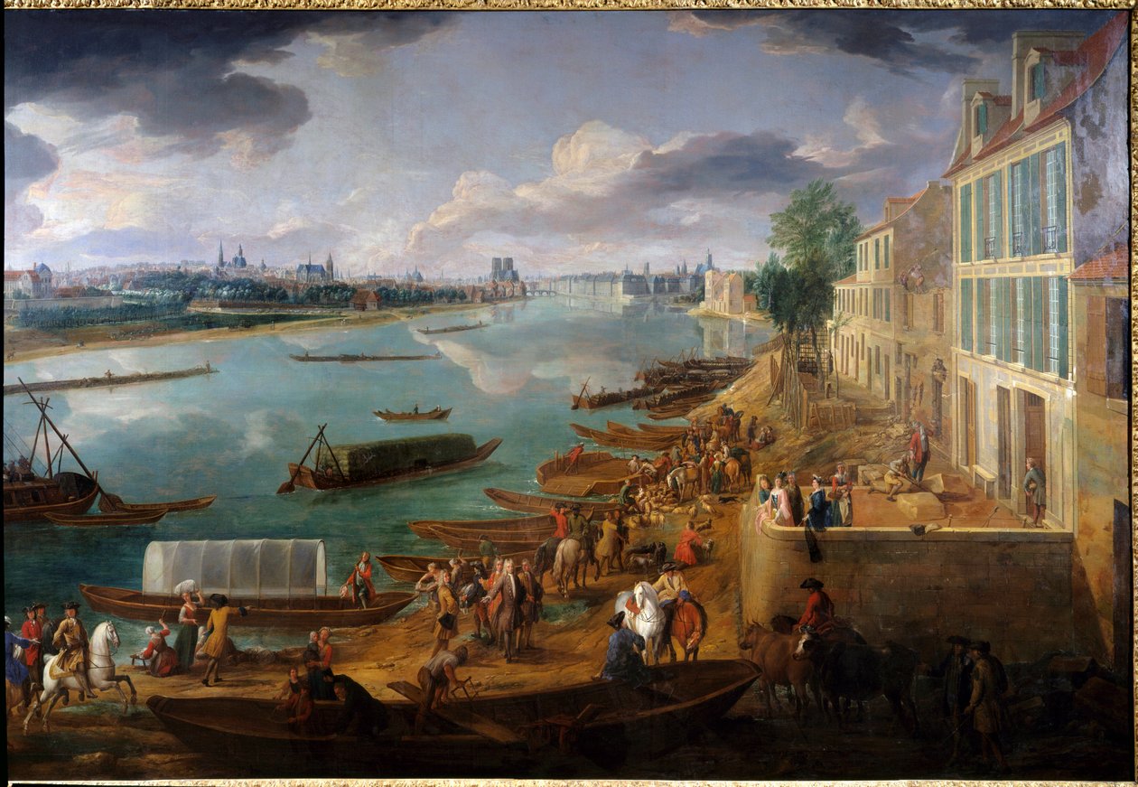 Näkymä Pariisiin, otettu Quai de la Rapeelta vuonna 1716 Yksityiskohta veneistä Seinen ja aktiviteeteista. Pierre Denis Martinin (1663-1742) maalaus 1716 su. 1,7x3,15 m Pariisi, Musee Carnavalet. tekijältä Pierre Denis Martin