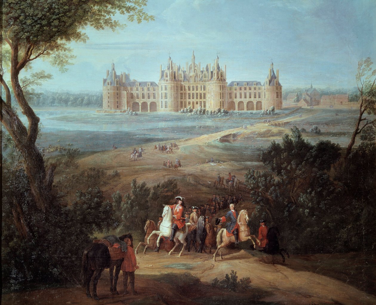 Näkymä Chateau de Chambordille, Regent Philippe II Orleansin herttua (1674-1723) antaa metsästysmääräyksiä Pierre Denis Martinin (1663-1742) maalaus 1722 Su. 1,3x1,5 m - Näkymä Chateau de Chambordille, valtionhoitaja Philippe II:lle Orléansin herttua (1674 tekijältä Pierre Denis Martin