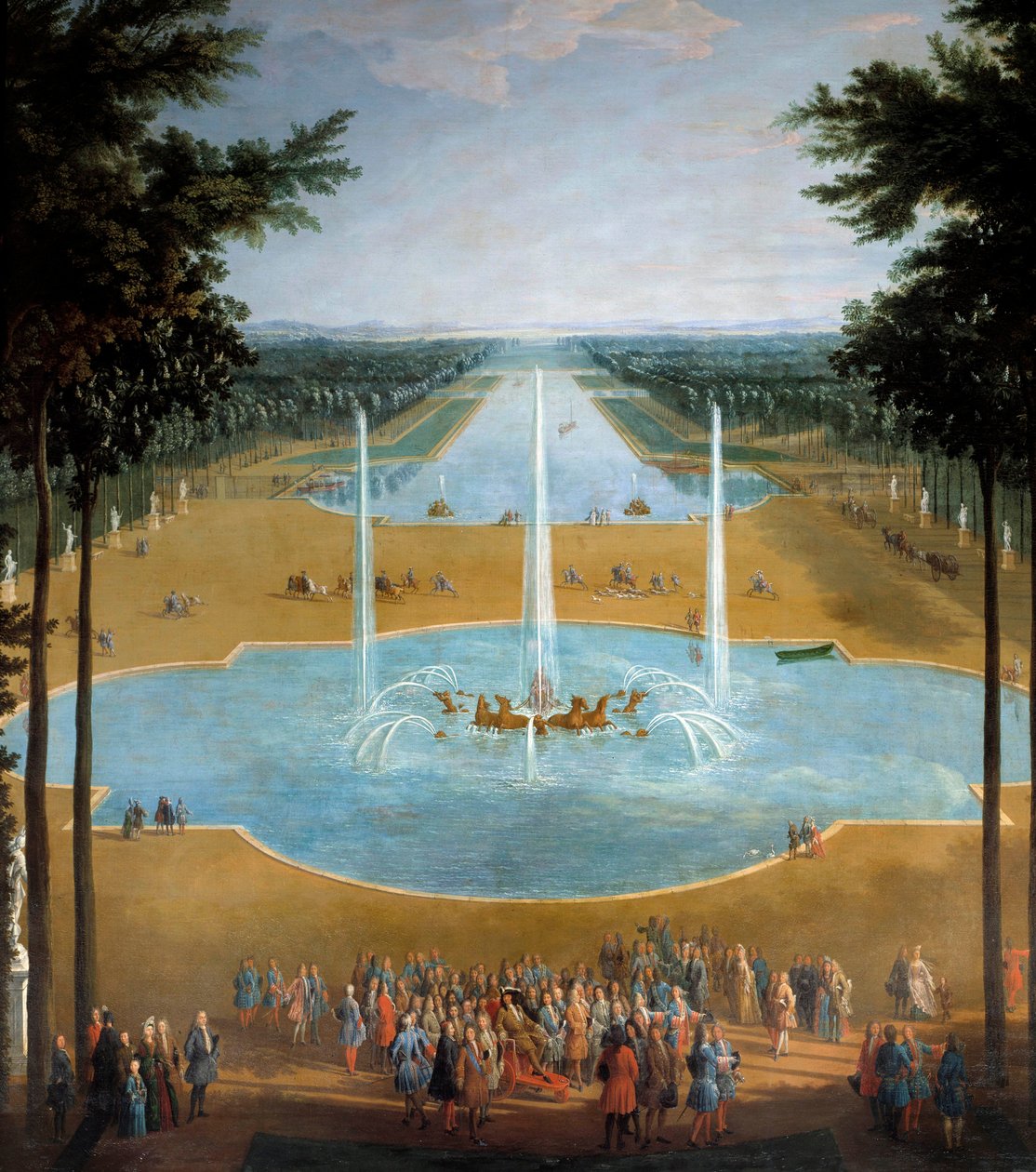 Näkymä Apollon altaalle ja Versaillesin suurelle kanavalle vuonna 1713, etualalla: Kuningas Ludvig XIV:llä (1638-1715) on kävelykatu noin 1713 Yksityiskohta Pierre Denis Martinin (1663-1742) Sun maalauksesta. 2,6x1,3 m tekijältä Pierre Denis Martin