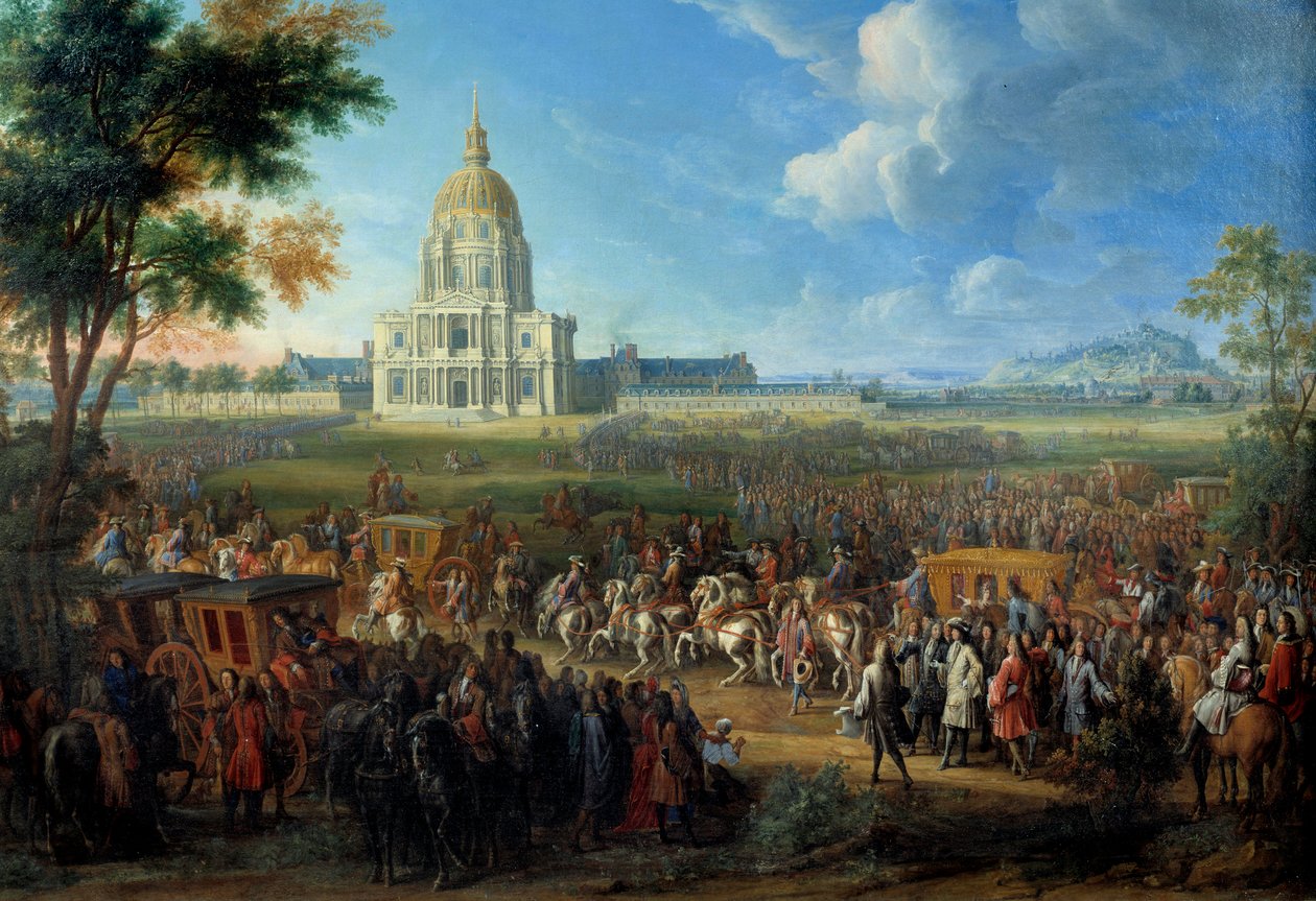 Kuningas Ludvig XIV:n vierailu Royal Hotel des Invalidesin kirkossa, joka valmistui 14. heinäkuuta tekijältä Pierre Denis Martin