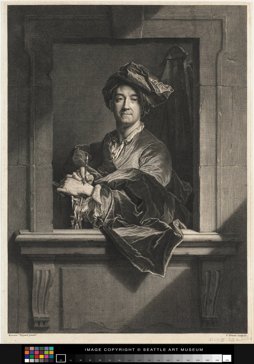 Kaiverrus Hyacinthe Rigaudin muotokuvasta itsestään, 1600-luvun loppu - 1700-luku tekijältä Pierre Imbert Drevet