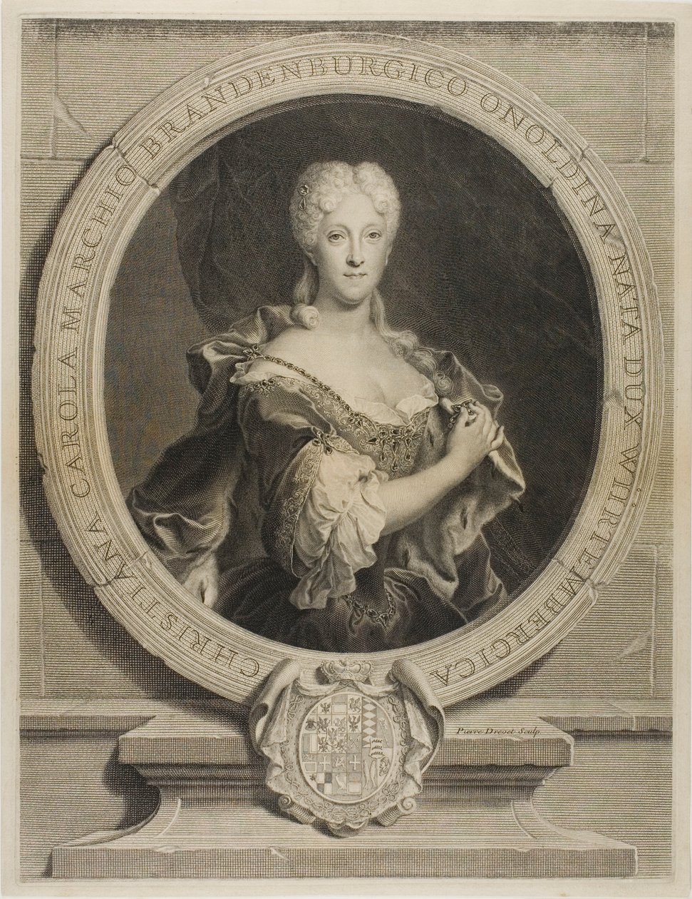 Muotokuva Christine-Carolinesta, Brandenbourg-Onoltzbachin markkrahvista, Würtemburgilaisen Guillaume-Frédéricin vaimosta, 1694-1723 tekijältä Pierre Drevet
