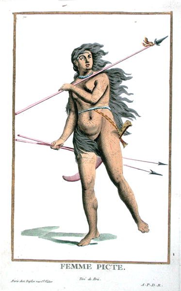 Pictish Woman kirjasta "Receuil des Estampes, Representant des Rangs et des Dignites, kaikkien olemassa olevien kansakuntien puvun mukaan", julkaistu 1780 (käsinvärinen kaiverrus) tekijältä Pierre Duflos