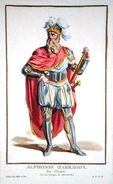 Alfonso V (1396-1458) Aragonian ja Sisilian kuningas, julkaisusta "Recueil des Estampes, representant les Rangs et les Dignites, suivant le Costume de toutes les Nations existantes", julkaistu 1780 (käsin väritetty kaiverrus). tekijältä Pierre Duflos