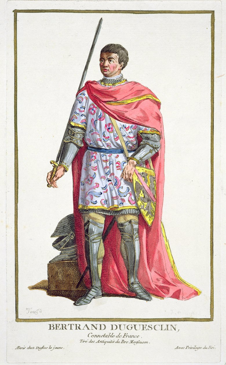Bertrand du Guesclin (1320-80) teoksesta "Receuil des Estampes, Representant des Rangs et les Dignites, kaikkien olemassa olevien kansakuntien puvun mukaan", julkaistu 1780 (käsinvärinen kaiverrus) tekijältä Pierre Duflos