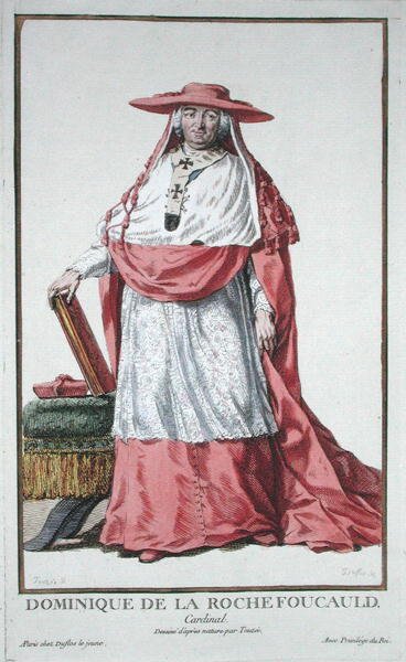 Kardinaali Dominique de la Rochefoucauld (1712-1800) kirjasta "Receuil des Estampes, joka edustaa arvoja ja arvokkaita kaikkien olemassa olevien kansakuntien puvun mukaan", julkaistu 1780 (käsinvärinen kaiverrus) tekijältä Pierre Duflos