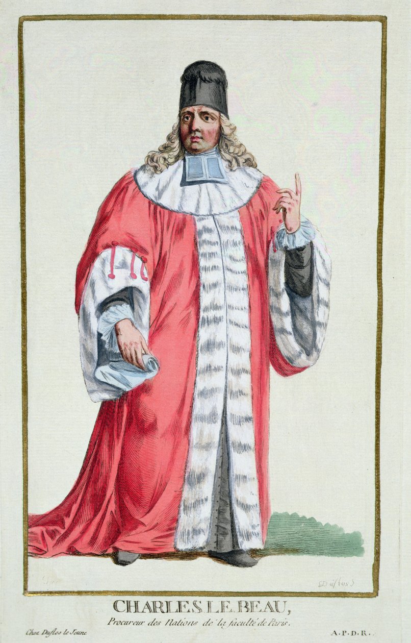 Charles le Beau (1701-78) kuvasta "Receuil des Estampes, Representant les Rangs et les Dignites, suivant le Costume de toutes les Nations existantes", julkaistu 1780 (käsin väritetty kaiverrus). tekijältä Pierre Duflos