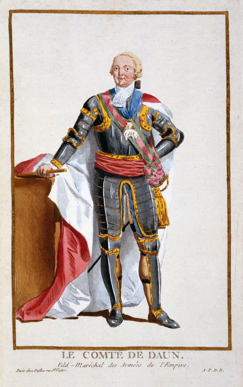 Kreivi de Daun, Pyhän saksalais-roomalaisen keisarikunnan armeijan kenraali (1705-66), julkaisusta Receuil des Estampes, representant les Rangs et les Dignites, suivant le Costume de toutes les Nations existantes", julkaistu 1 tekijältä Pierre Duflos
