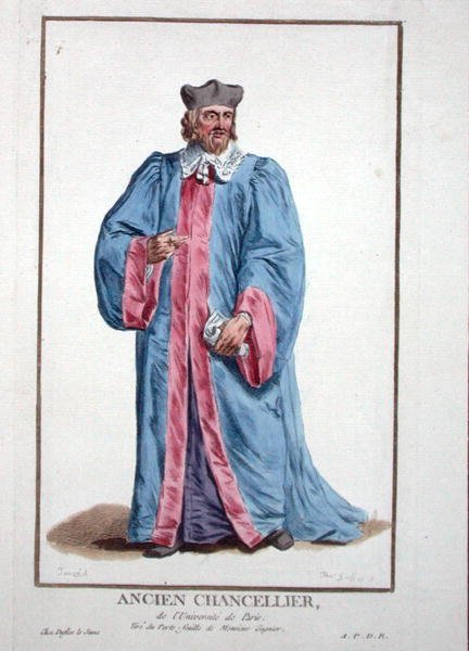 Pariisin yliopiston kanslerin mekko kirjasta "Receuil des Estampes, Representant les Rangs et les Dignites, kaikkien olemassa olevien kansakuntien puvun mukaan", julkaistu 1780 (käsinvärinen kaiverrus) tekijältä Pierre Duflos