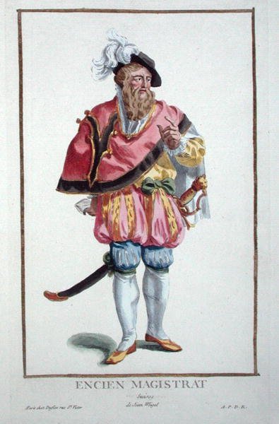 Sveitsiläisen tuomarin mekko kirjasta "Receuil des Estampes, Representant les Rangs et les Dignites, kaikkien olemassa olevien kansakuntien puvun mukaan", julkaistu 1780 (käsinvärinen kaiverrus) tekijältä Pierre Duflos