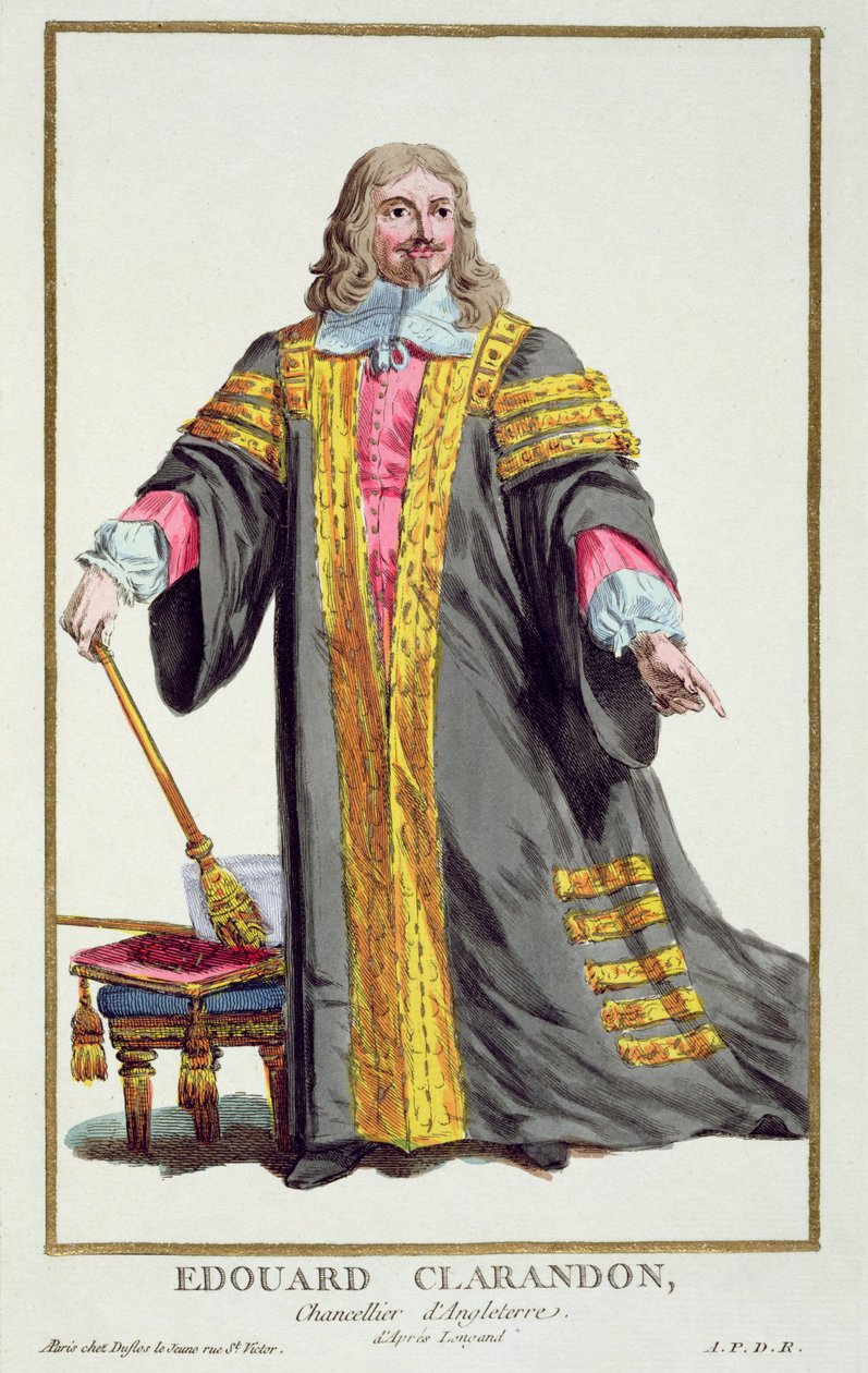Edward Hyde (1609-74) Clarendonin ensimmäinen jaarli julkaisusta "Receuil des Estampes, joka edustaa arvoja ja arvoja, kaikkien olemassa olevien kansakuntien puvun mukaan", julkaistiin 1780 (käsinvärjätty tekijältä Pierre Duflos