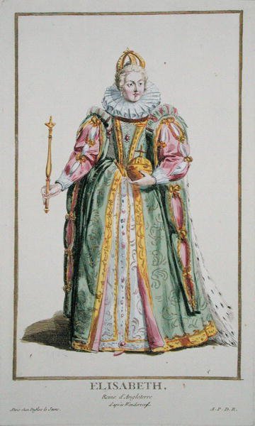 Elisabet I (1530-1603) kuvasta "Receuil des Estampes, representant les Rangs et les Dignites, suivant le Costume de toutes les Nations existantes", julkaistu 1780 (käsin väritetty kaiverrus). tekijältä Pierre Duflos