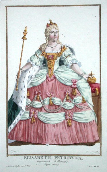 Elisabeth Petrovna (1709-62) Venäjän keisarinna (1741-62) kirjasta "Receuil des Estampes, joka edustaa rivejä ja arvokkaita kaikkien olemassa olevien kansakuntien puvun mukaan", julkaistu 1780 (käsinvärinen kaiverrus) tekijältä Pierre Duflos
