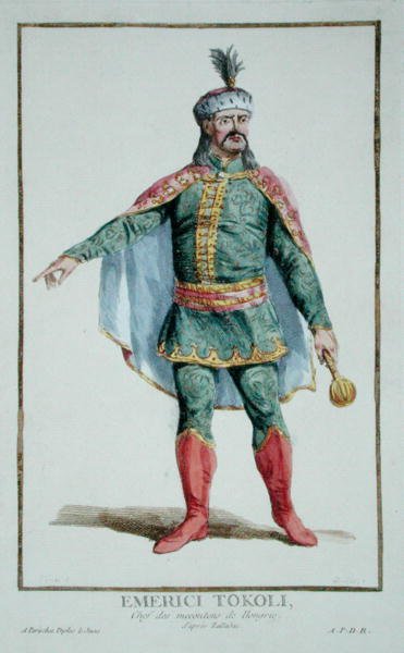 Emerici Tokoli, Unkarin Malcontentsin päällikkö "Receuil des Estampes, Representant des Rangs et des Dignites, kaikkien olemassa olevien kansakuntien puvun mukaan", julkaistiin 1780 (käsinvärinen kaiverrus) tekijältä Pierre Duflos