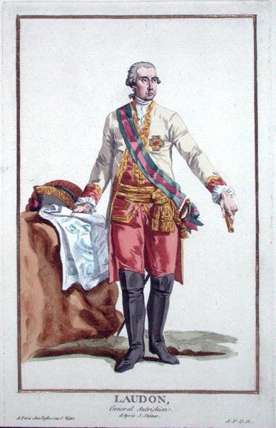 Kenraali Laudon (1717-90) kirjasta "Receuil des Estampes, Representant des Rangs et des Dignites, kaikkien olemassa olevien kansakuntien puvun mukaan", julkaistu 1780 (käsinvärinen kaiverrus) tekijältä Pierre Duflos