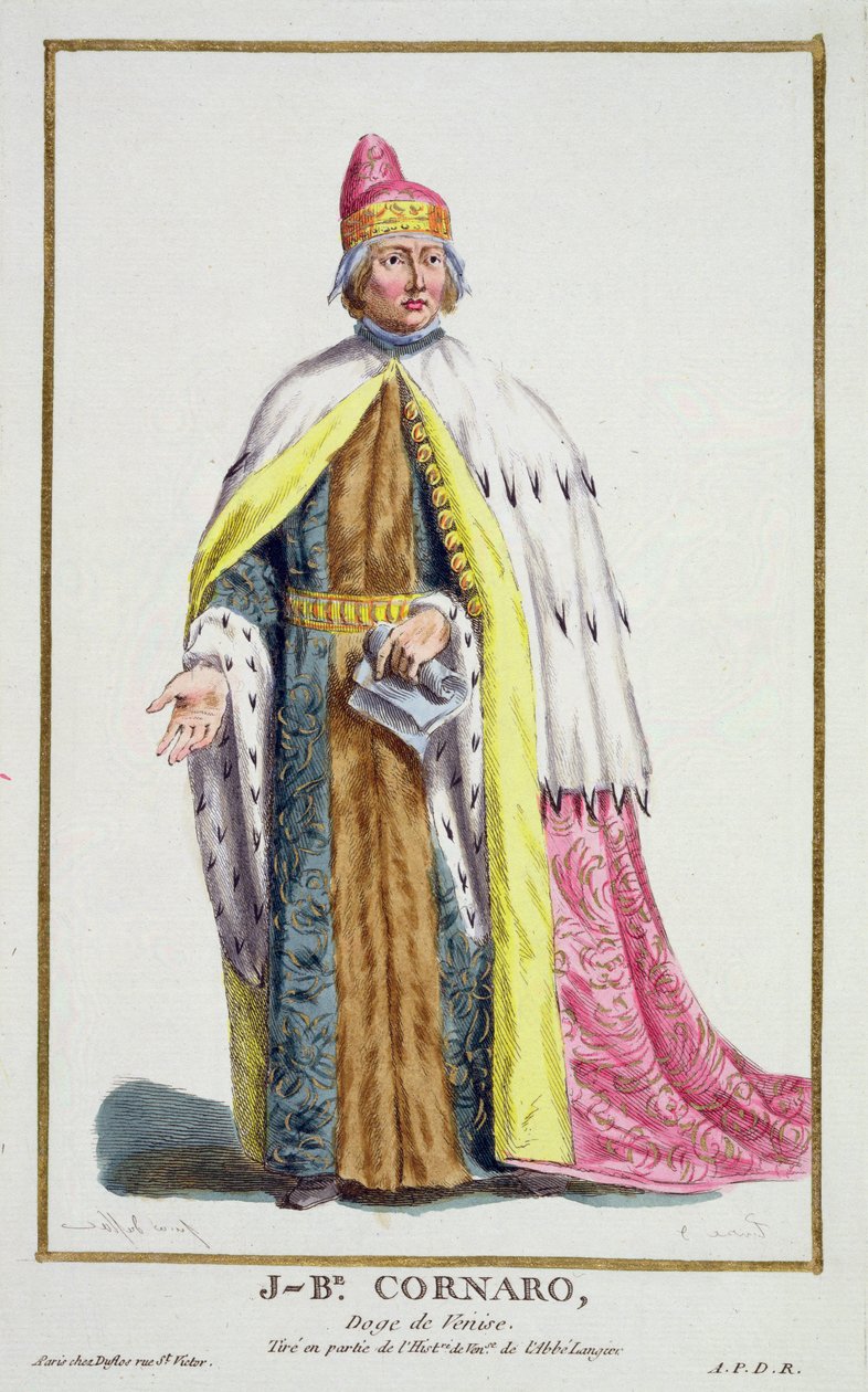 Giovanni Cornaro (1647-1722) Venetsian doge, kirjasta "Receuil des Estampes, joka edustaa arvoja ja arvoja, kaikkien olemassa olevien kansakuntien puvun mukaan", julkaistu 1780 (käsinvärinen kaiverrus) tekijältä Pierre Duflos