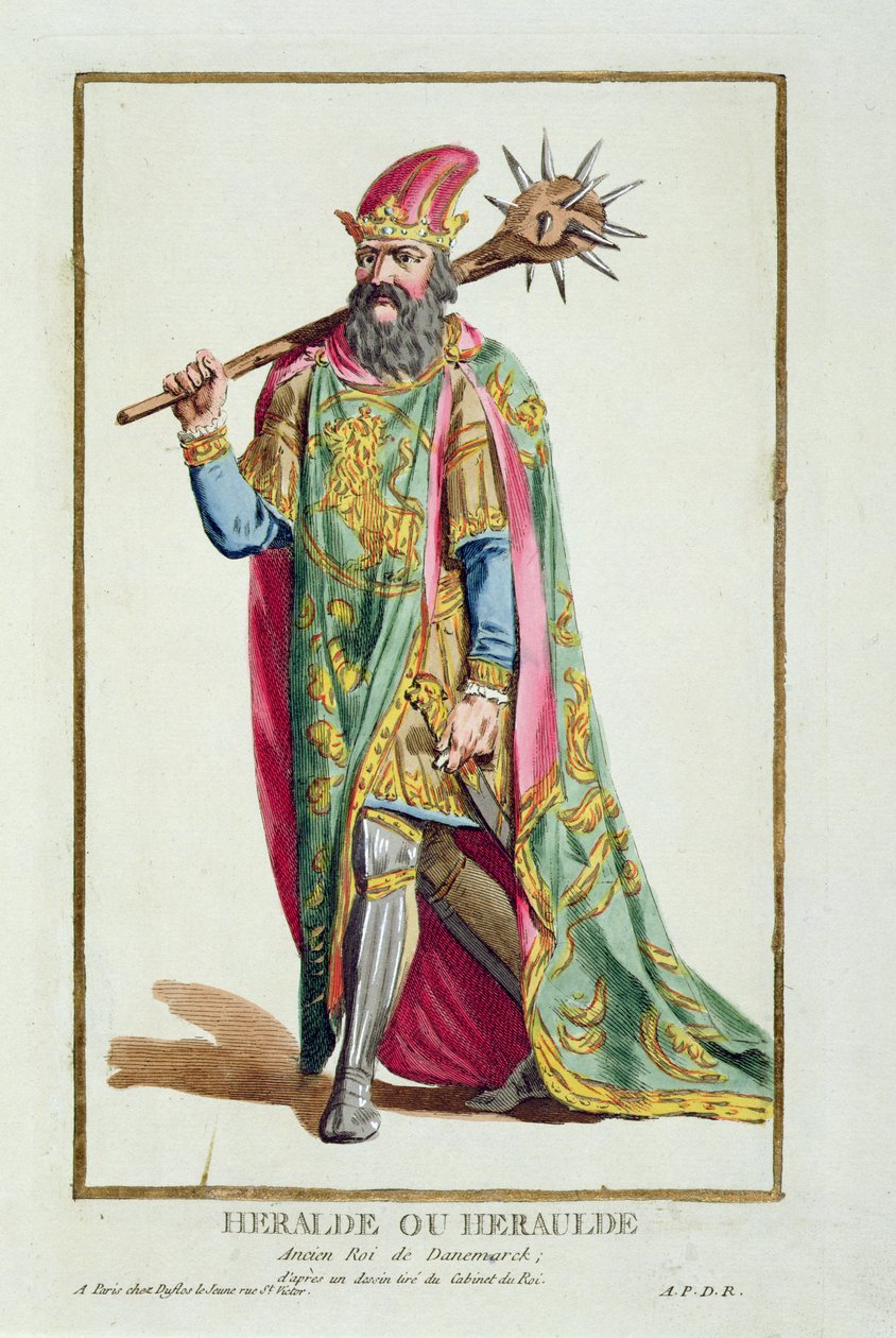 Harold, Tanskan kuningas kirjasta "Receuil des Estampes, Representant les Rangs et les Dignites, kaikkien olemassa olevien kansakuntien puvun mukaan", julkaistu 1780 (käsinvärinen kaiverrus) tekijältä Pierre Duflos