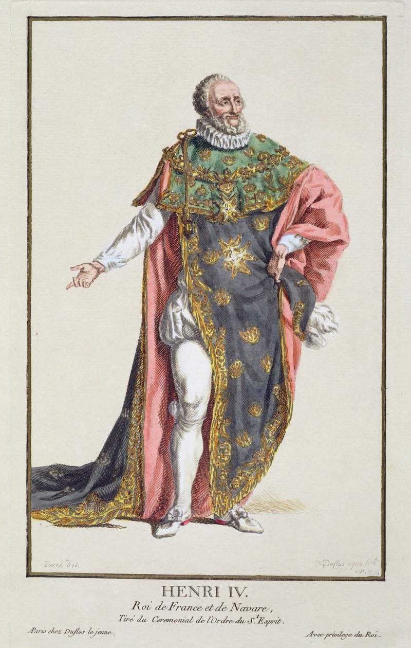 Henri IV (1553-1610) Ranskan kuningas, kirjasta "Receuil des Estampes, joka edustaa arvoja ja arvokkaita kaikkien olemassa olevien kansakuntien puvun mukaan", julkaistiin 1780 (käsinvärinen kaiverrus) tekijältä Pierre Duflos