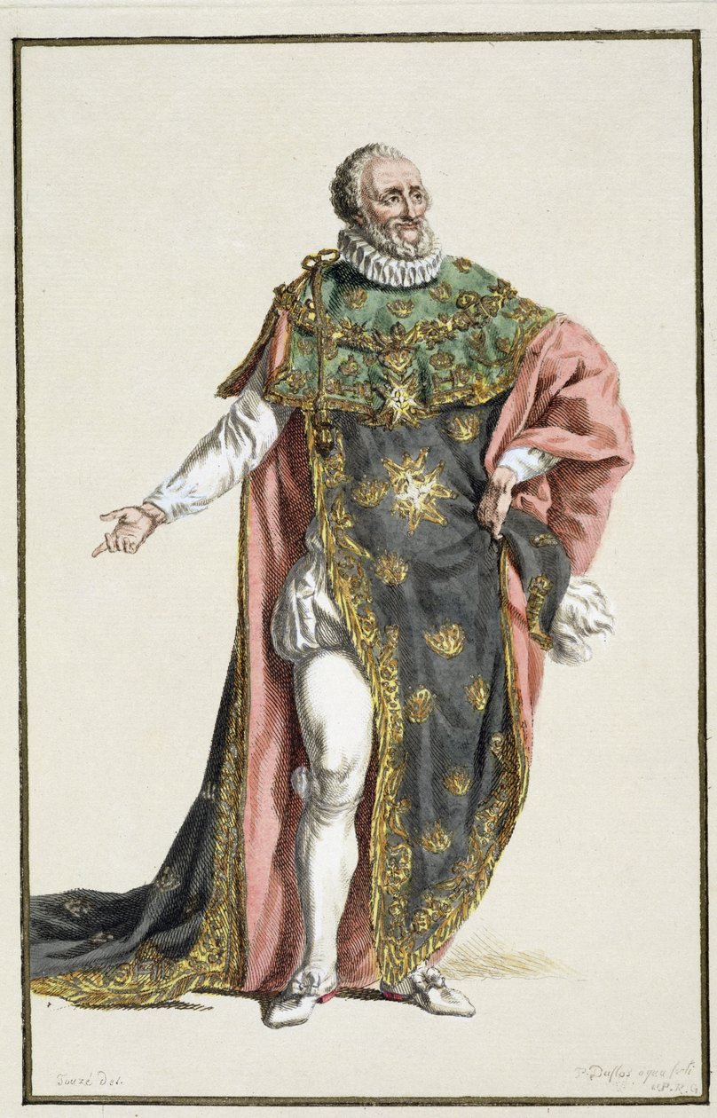 Henri IV (1553-1610) Ranskan kuningas, Receuil des Estampesista, joka edustaa arvoja ja arvoja, noudattaen kaikkien olemassa olevien kansakuntien pukua, julkaistu 1780 (käsinvärinen kaiverrus) tekijältä Pierre Duflos