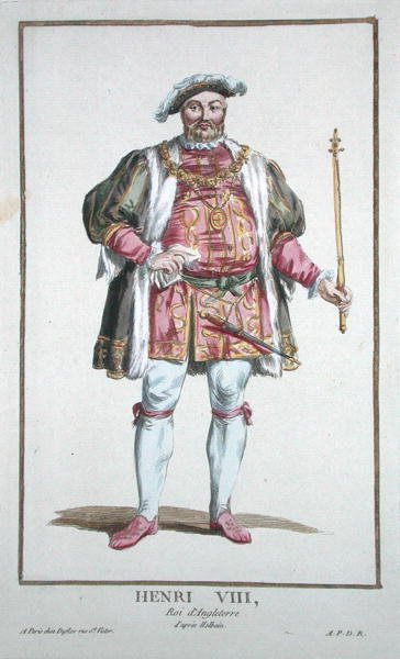 Henrik VIII (1491-1547) Englannin kuningas (1509-47) kirjasta "Receuil des Estampes, joka edustaa arvoja ja arvoja, kaikkien olemassa olevien kansakuntien puvun mukaan", julkaistiin 1780 (käsinvärinen kaiverrus) tekijältä Pierre Duflos