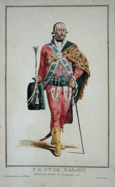 Hänen Ylhäisyytensä kreivi de Nadasti teoksesta "Receuil des Estampes, Representant les Rangs et les Dignites, suivant le Costume de toutes les Nations existantes", julkaistu 1780 (käsin väritetty kaiverrus). tekijältä Pierre Duflos