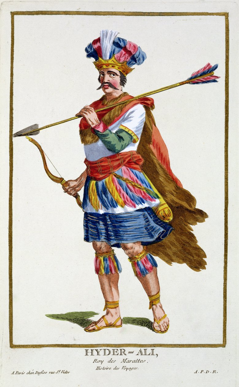 Hyder Ali (1722-82) kirjasta "Receuil des Estampes, joka edustaa arvoja ja arvoja, kaikkien olemassa olevien kansakuntien puvun mukaan", julkaistiin 1780 (käsinvärinen kaiverrus) tekijältä Pierre Duflos
