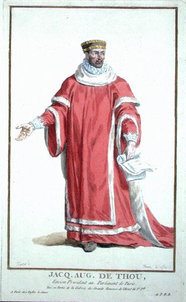 Jacques Auguste de Thou (1533-1617) teoksesta "Receuil des Estampes, Representant des Rangs et les Dignites, kaikkien olemassa olevien kansakuntien puvun mukaan", julkaistu 1780 (käsinvärinen kaiverrus) tekijältä Pierre Duflos